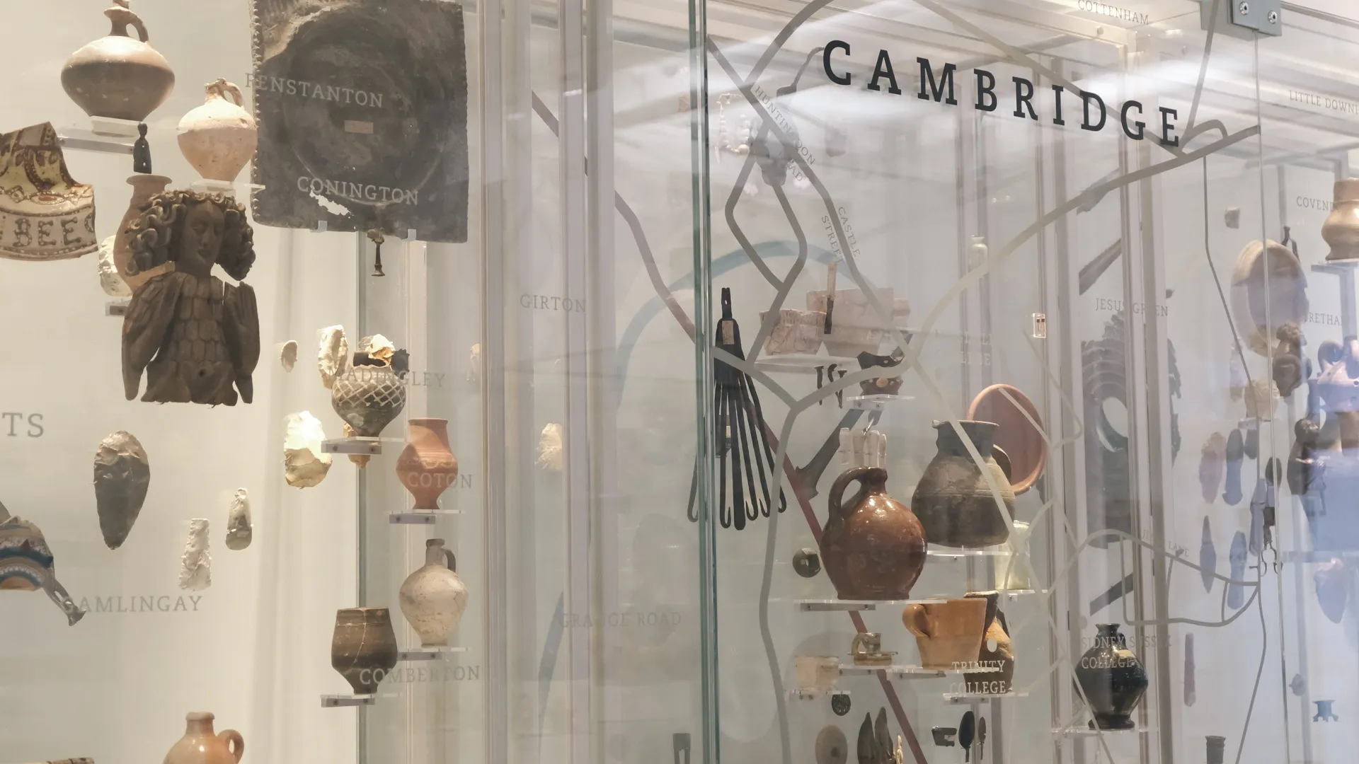 Roman artifacts at in a glass cabinet